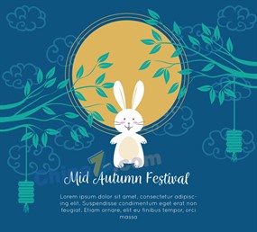 彩绘中秋节月亮下的白兔矢量